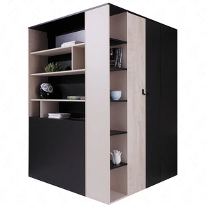 Rohová šatní skříň Niko černá / dub / béžová ideální jako užitková a prostorná skříň se zásuvkami a policemi