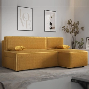 Rohová sedací souprava s funkcí spaní Brandon medový pravý roh trojrozměrná látka s výraznými pruhy nádoba na lůžkoviny