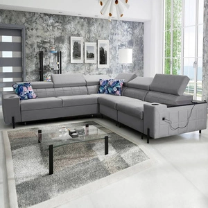 Rohová sedací souprava s funkcí spaní Belvi IV šedá pravá elegantní a stylová rohová rozkládací pohovka do obývacího pokoje praktický úložný prostor na boku