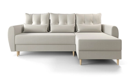 Rohová sedací souprava s funkcí spaní Rovigo Krémová pravá rohová sedací souprava ve skandinávském stylu Velký prostor na lůžkoviny