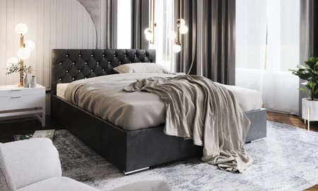 Čalouněná postel Bauru 140x200 v grafitovém provedení s úložným boxem v moderním skandinávském stylu s prošívaným podhlavníkem s krystaly