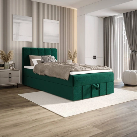 Kontinentální postel Casey 120x200 lahvově zelená v moderním skandinávském stylu s čalouněným čelem postele s úložným boxem