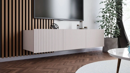 RTV skříňka Colder 150 cm béžová s možností zavěšení stylové drážkované čelo elegantní forma nábytku v moderním stylu