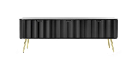 RTV skříňka Zoya 168 cm černá moderní design masivní sestava na zlatých nohách rýhované čelo charakteristický oválný tvar