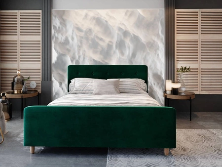 Čalouněná postel Isara 180x200 lahvově zelená s úložným prostorem v moderním skandinávském stylu s výrazným čelem a podnožkou