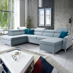 Rohová pohovka s funkcí spaní Rava VI modrá pravá Praktická a moderní rohová pohovka vybavená multifunkční lampou