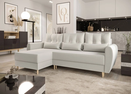 Rohová sedací souprava s funkcí spaní Rovigo krémová levá elegantní rohová sedací souprava ve skandinávském tvaru velký kontejner na lůžkoviny