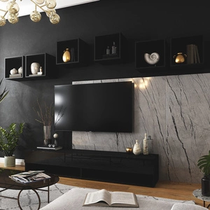 Nástěnná skříňka Lindos černá / lesklá černá stylový design, který se hodí k jakékoli interiérové nástěnné skříňce RTV skříňka s možností zavěšení