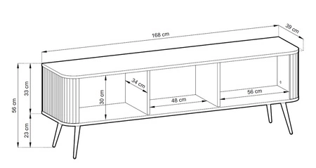 RTV skříňka Zoya 168 cm béžová moderní design korpusu na zlatých kovových nohách rýhované čelo charakteristický oválný tvar