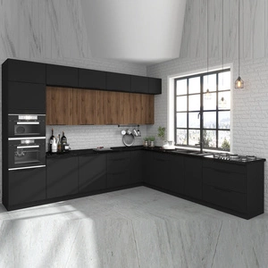 Rohová sestava kuchyňského nábytku Brianza / Černá 330x210 cm kovové úchytky skříněk vypadají skvěle v moderních interiérech