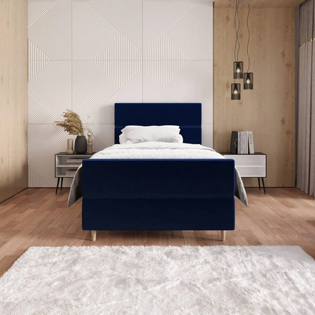 Modrá kontinentální postel Benet 100x200 v moderním skandinávském stylu s čalouněným čelem a nohama postele s úložným boxem