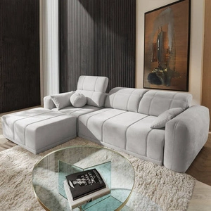 Rohová sedací souprava s funkcí spaní Cetara šedý jasan levá stylový design pohodlné posuvné opěrky zad nastavitelné opěrky hlavy