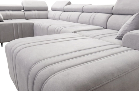 Rohová pohovka s funkcí spaní Castel IV světle hnědá pravostranná stylová rohová pohovka s kontejnery na lůžkoviny a nastavitelnými opěrkami hlavy