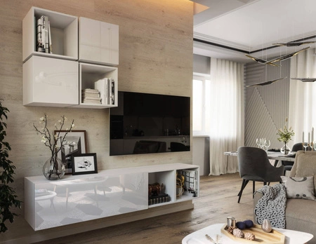Nástěnná skříňka Perisa bílá / bílý lesk Minimalistický design nástěnné skříňky do obývacího pokoje nebo zasedací místnosti Systém push to open