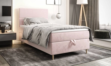 Kontinentální postel Bing 90x200 pudrově růžová v moderním skandinávském stylu s čalouněným čelem postele s úložným boxem