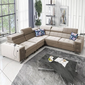 Rohová pohovka s funkcí spaní Hampton III béžová levá pohodlná rohová pohovka z hladké a měkké sametové látky