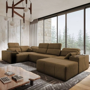 Rohová sedací souprava s funkcí spaní Tesalia IV hnědá pravá komfortní rohová sedací souprava do obývacího pokoje s inovativní funkcí posuvného opěradla