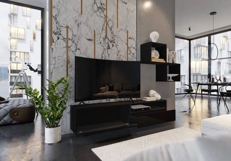 Mesini černá / černý lesk Moderní nástěnná skříňka do obývacího pokoje Praktický systém zásuvek s otevíráním push to open