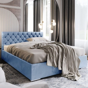 Čalouněná postel Alvorada 160x200 modrá s úložným boxem v moderním skandinávském stylu s prošívaným čelem
