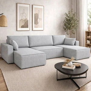 Rohová sedací souprava s funkcí spaní Rebenes U světle šedá univerzální rohová sedací souprava trojrozměrná látka s výraznými pruhy nádoba na lůžkoviny