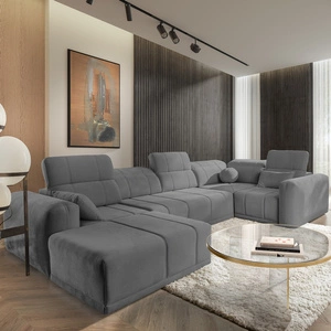 Rohová sedací souprava s funkcí spaní Cetara IV šedá levá strana stylový rohový design s posuvnými opěradly dvě nádoby na lůžkoviny