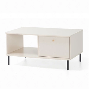 Konferenční stolek Ferdi béžový písek lehký design robustní kovová podnož zakřivený tvar desky ideální stolek pro jakékoli uspořádání