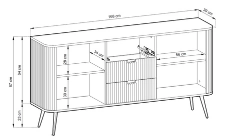 Komoda Zoya 168 cm béžová elegantní design oválný tvar na kovových zlatých nohách vkusné rýhované čelo