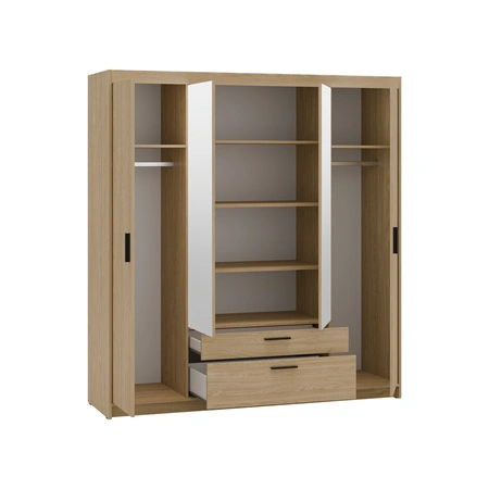 Zrcadlová šatní skříň Rene 176 cm olejovaný dub stylový design černé úchytky ideální šatní skříň do ložnice prostorné zásuvky