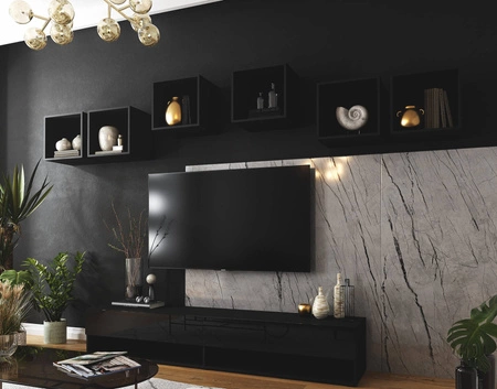 Nástěnná skříňka Lindos černá / lesklá černá stylový design, který se hodí k jakékoli interiérové nástěnné skříňce RTV skříňka s možností zavěšení