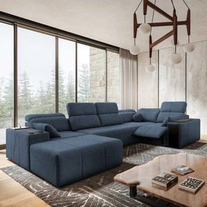 Rohová pohovka s funkcí spaní Tesalia IV Lux modrá levá stylová rohová pohovka s výsuvnou opěrkou nohou a posuvnou funkcí opěradla
