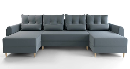 Rohová sedací souprava s funkcí spaní Rovigo U šedomodrá elegantní a pohodlná rohová sedací souprava ve skandinávském provedení s velkým prostorem na lůžkoviny