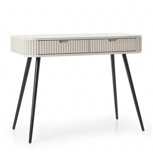 Béžová konzola Zoya se zásuvkami stylový a funkční toaletní stolek zakřivený masivní tvar rýhovaná čela zásuvek kovové nohy