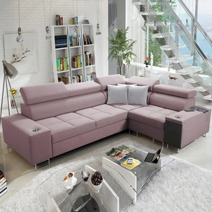 Rohová sedací souprava s funkcí spaní Dafni II levandulově růžová pravoúhlá tkaná rohová sedací souprava se zásuvkou na lůžkoviny v boční části nábytku