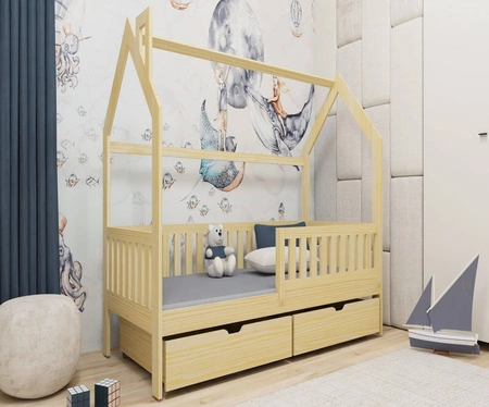 Dřevěná postel Timon 70x160 cm borovice moderní design dětský domeček postel z masivního borovicového dřeva prostorné zásuvky