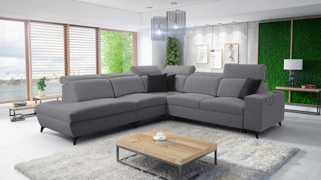 Kelly Sleek IX šedá levá rohová pohovka s funkcí spaní elegantní rohová pohovka s pohodlnými područkami a nastavitelnými opěrkami hlavy