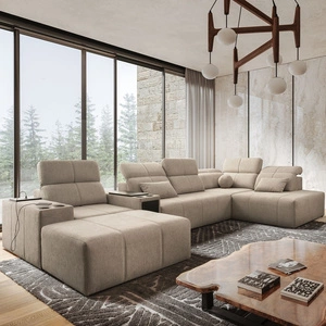 Rohová sedací souprava s funkcí spaní Tesalia V béžová levá komfortní rohová sedací souprava se zásuvkou a funkcí posuvného opěradla