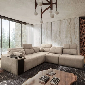 Rohová sedací souprava s funkcí spaní Tesalia IX béžová pravý roh moderní design pohodlný posuvný opěrák zásuvka v boku nábytku