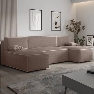 Rohová sedací souprava s funkcí spaní Brandon U světle hnědý kontejner na lůžkoviny trojrozměrná pruhovaná tkanina