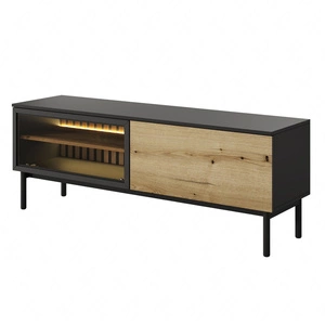 RTV skříň Clovis 150 cm černá / dub evokuje elegantní formu nábytku v moderním stylu bezpečné tvrzené sklo push to open