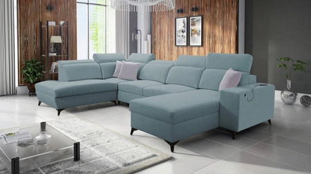 Kelly Elegantní VI rohová pohovka s funkcí spaní arktická modrá pravá strana moderní designová rohová pohovka do obývacího pokoje s nastavitelnými opěrkami hlavy