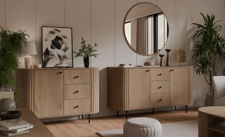 Komoda Ovalio 165 cm dub cremona moderní tvar oválná komoda do obývacího pokoje dekorativní frézování na korpusu