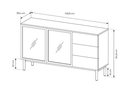Sestava nábytku Clovis černá / dub evokuje netradiční design tlačit na otevření systému skleněných čel lamel v interiéru nástěnné skříňky