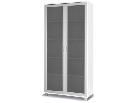 Maximus 100 cm široká vitrína bílá moderní design hrany lemované speciální dýhou prvky z tvrzeného bezpečnostního skla