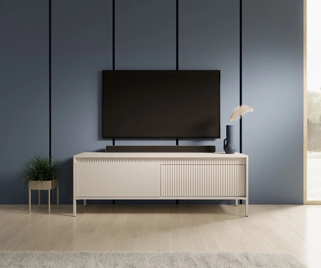 RTV skříň Sesti 154 cm béžová elegantní forma nábytku v moderním stylu systém push to open stabilní kovová základna