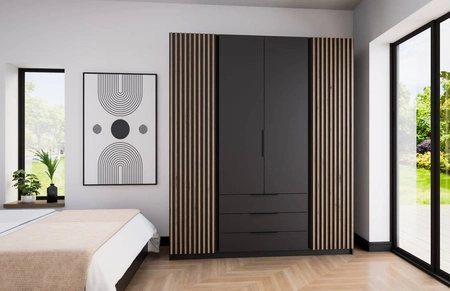 Šatní skříň Kastano IV 200 cm černá moderní designové dveře šatní skříně zdobené dubovými lamelami evoke kovové hrany úchytky