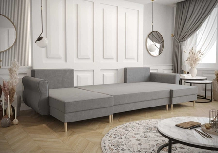 Rohová sedací souprava s funkcí spaní Wilkins U tmavě modrá pohodlná rohová sedací souprava z měkké tkaniny s moderním designem, která se hodí do každého interiéru