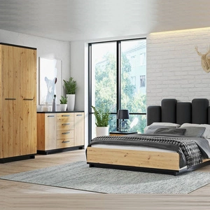Ložnicová sestava nábytku Simi dub artisan / černá moderní designová ložnicová sestava nábytku z kvalitní laminované desky