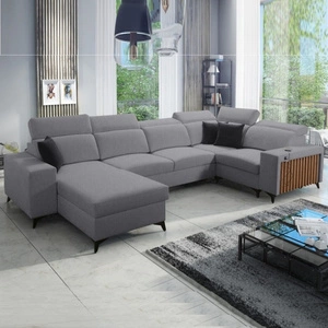 Rohová sedací souprava s funkcí spaní Kelly IV šedá levostranná proplétaná pohodlná rohová sedací souprava nastavitelné opěrky hlavy boční čalounění s lištami