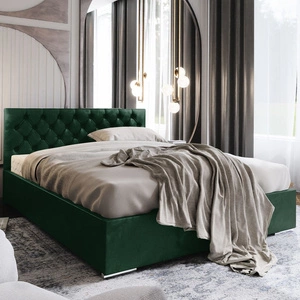 Čalouněná postel Alvorada 140x200 lahvově zelená s kontejnerem v moderním skandinávském stylu s prošívaným čelem