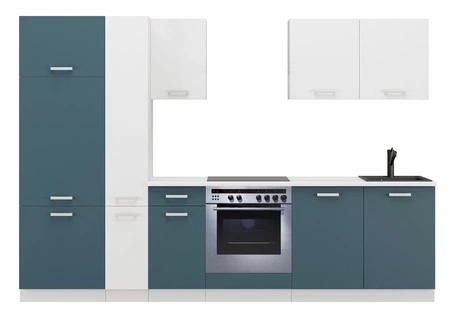 Kuchyňská sestava Toni 290 cm bílá / mořská s pracovní deskou vypadá skvěle v moderních interiérech